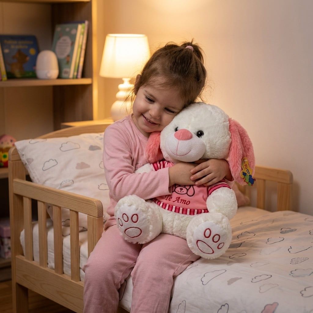 Plišani pas koga dvogodišnja devojčica grli u dečijoj sobi pred spavanje.