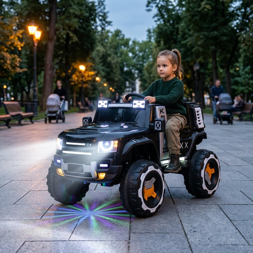 Džip na akumulator crni sa LED svetlima na stazi gradskog parka sa upaljenim farovima u predvečerje