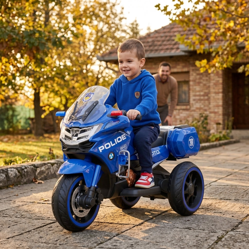 Motor na akumulator policijski plavi 6V na popločanoj stazi u prostranom porodičnom dvorištu