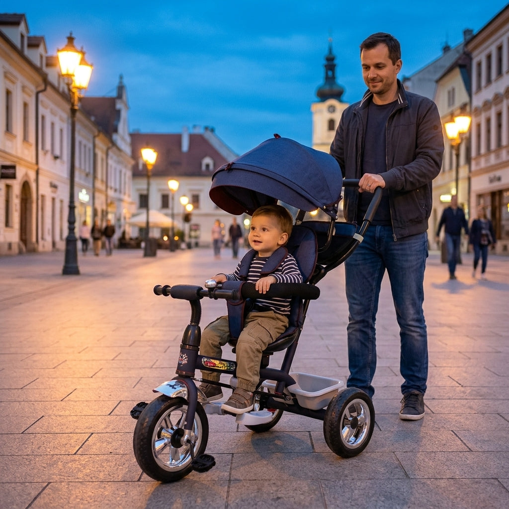 Tricikl teget sa tendom i ručkom u večernjoj šetnji gradskim šetalištem pod uličnim svetiljkama