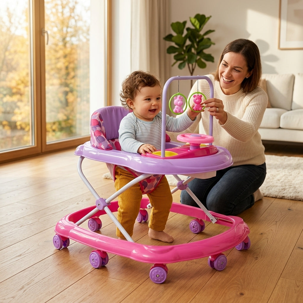 Dubak za bebe roze u svetloj dnevnoj sobi dok beba vežba hodanje