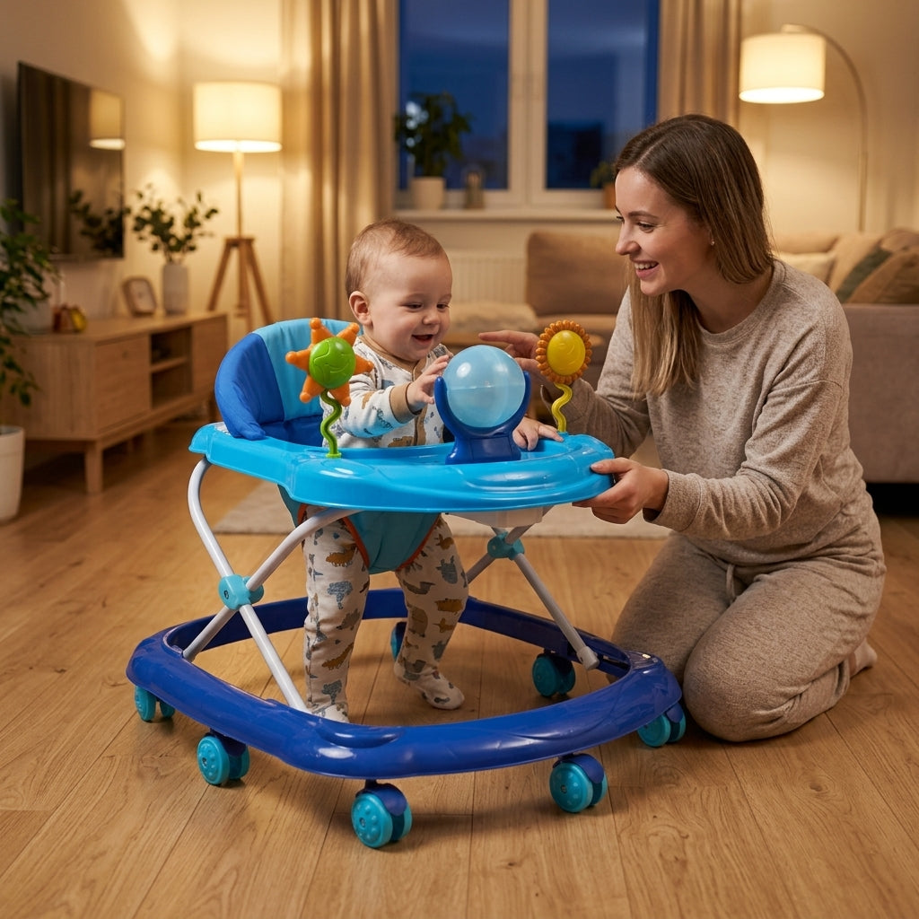 Dubak za bebe plavi sa loptom u prostranoj dnevnoj sobi dok se mama igra sa bebom