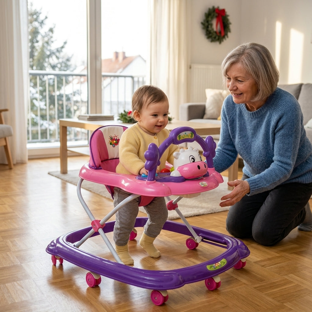 Dubak za bebe ljubičasti u svetloj dnevnoj sobi kod bake i deke
