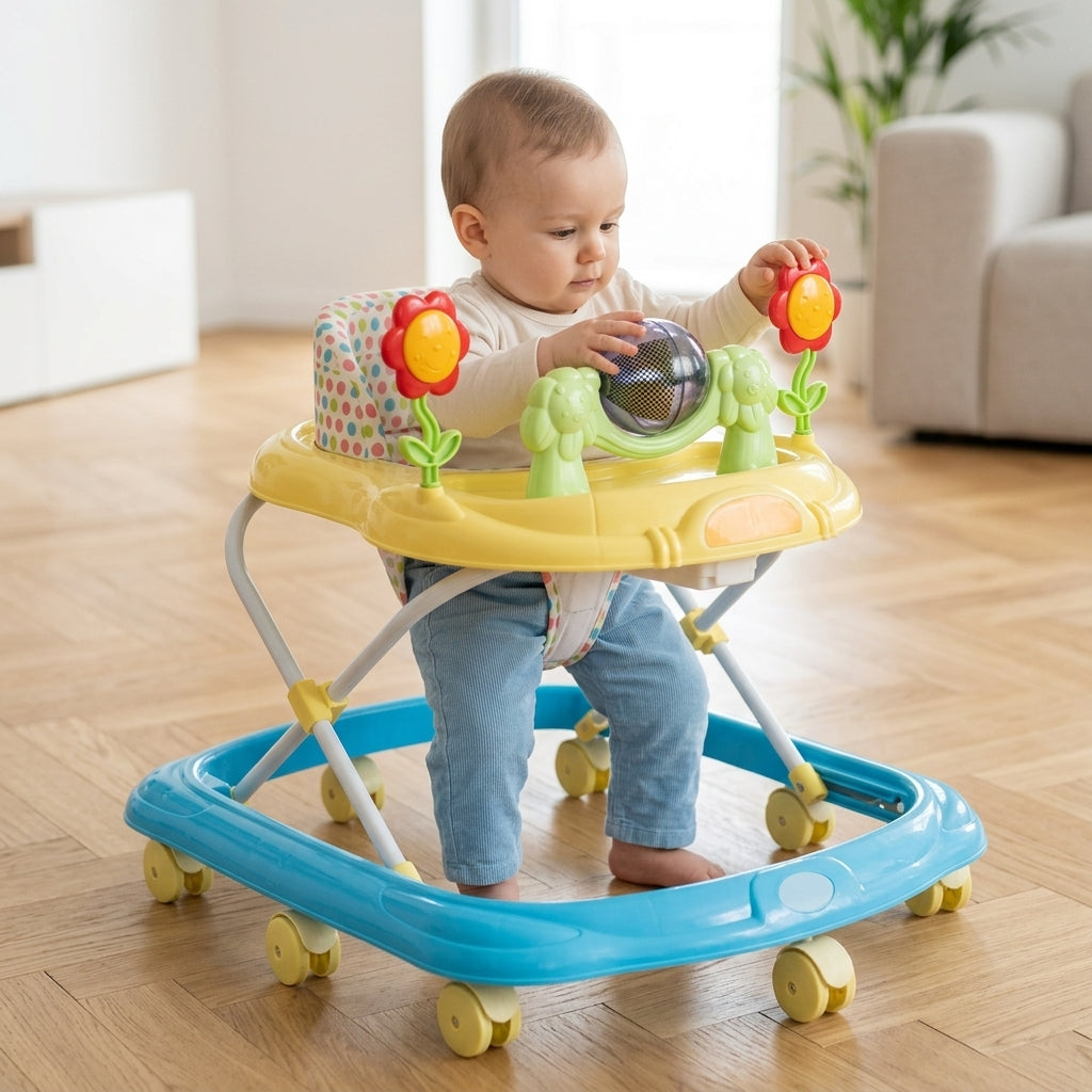 Dubak za bebe žuti sa bebom koja se samostalno igra sa interaktivnim igračkama na tacni