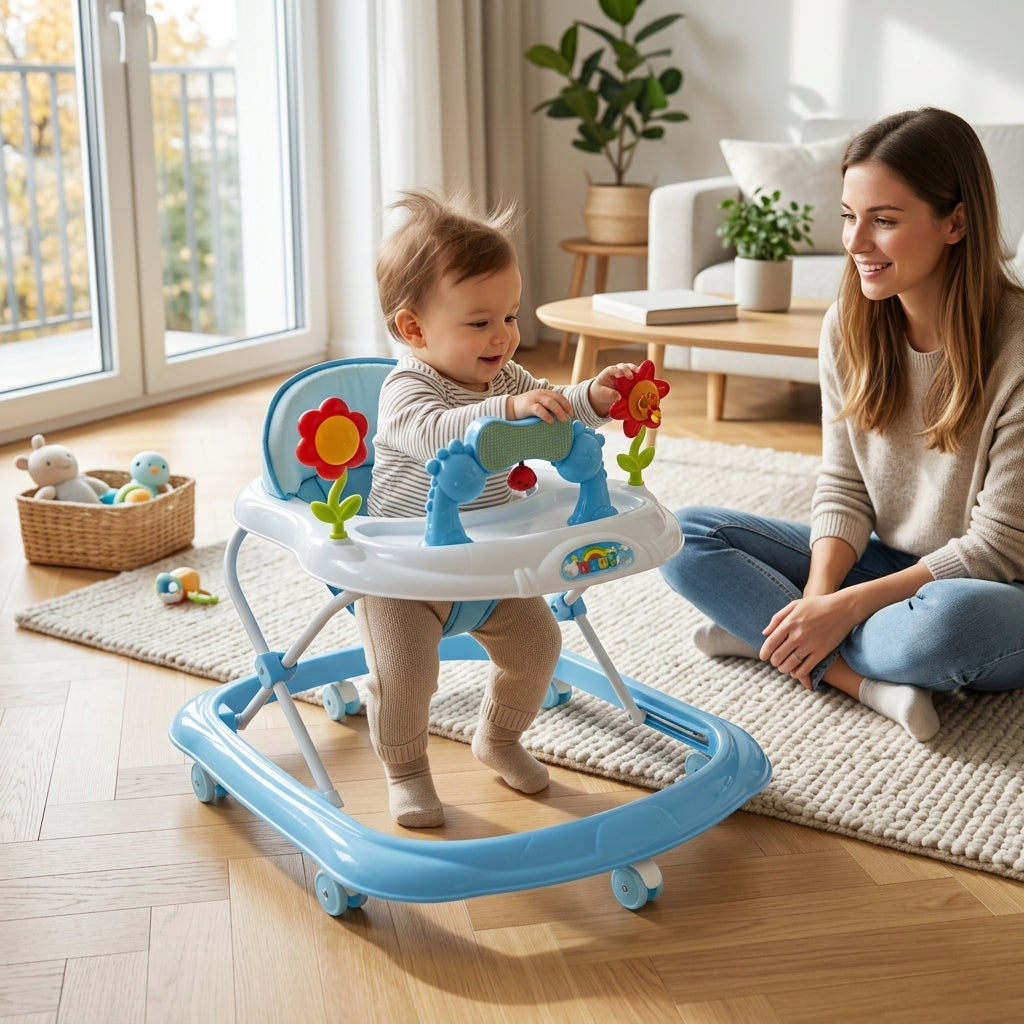 Dubak za bebe svetloplavi u svetloj dnevnoj sobi stana sa mamom u pozadini
