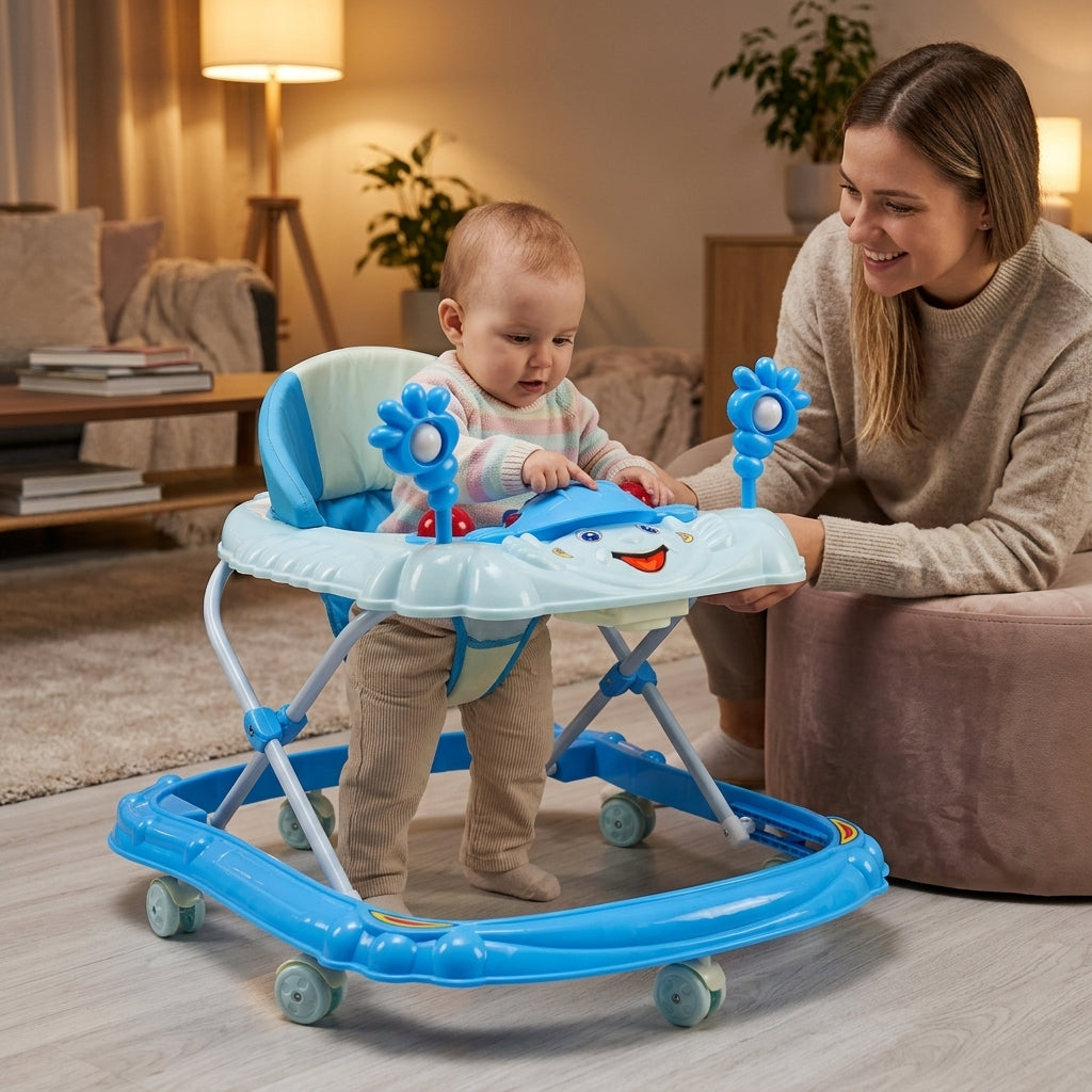 Dubak za bebe plavi sa igračkama u toploj večernjoj atmosferi doma