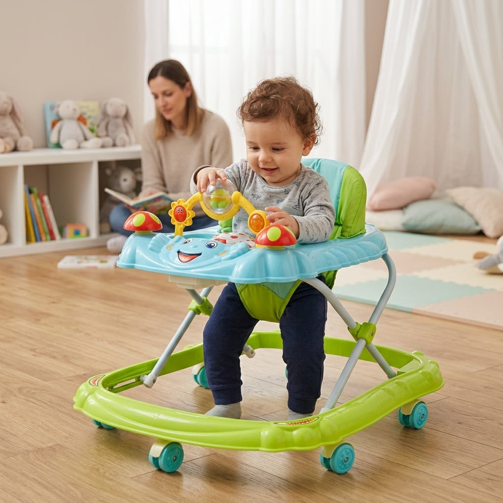 Dubak za bebe zeleni sa igračkama u dečijoj sobi dok se beba igra elementima na tabli