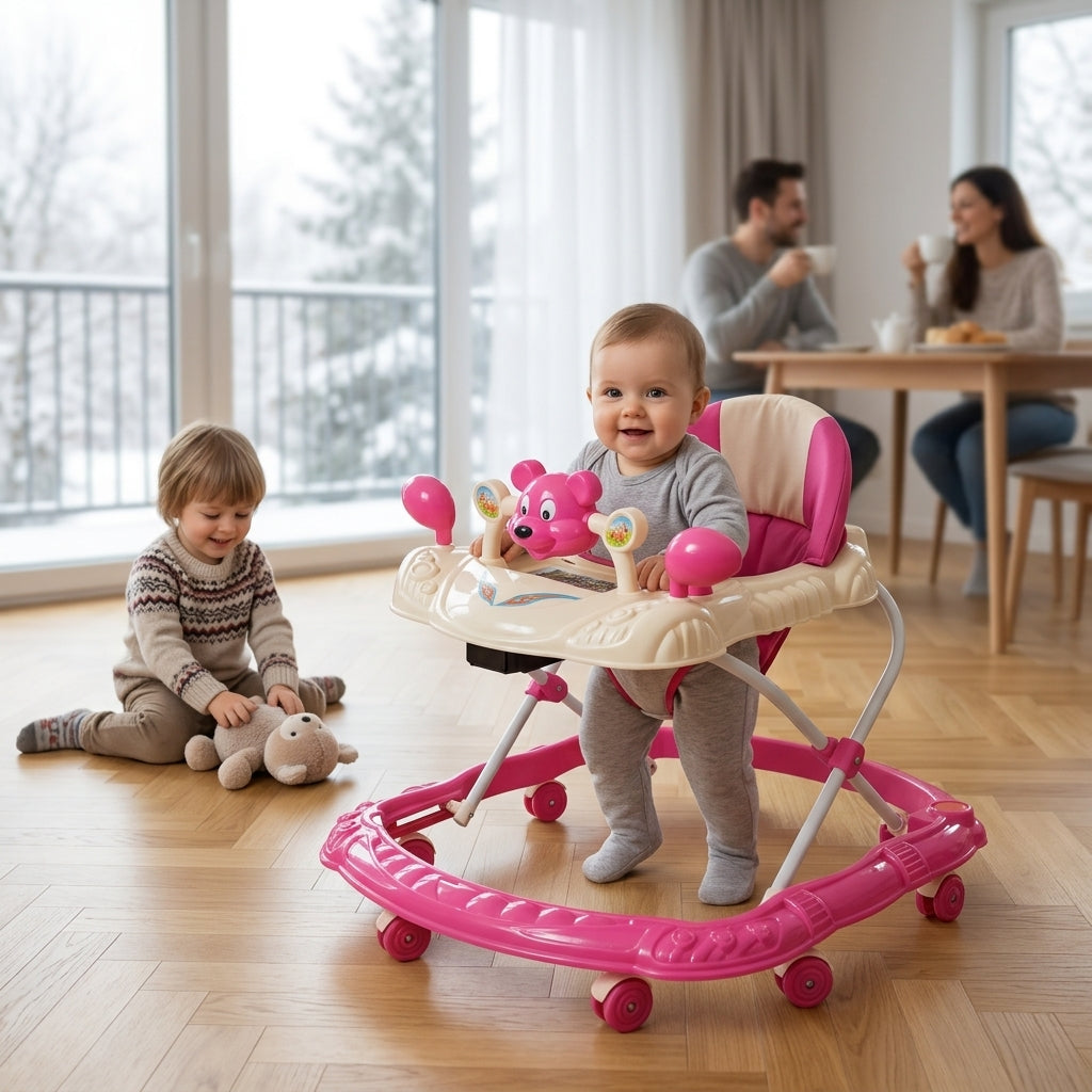 Dubak za bebe roze sa tendom u prostranoj dnevnoj sobi tokom porodične posete