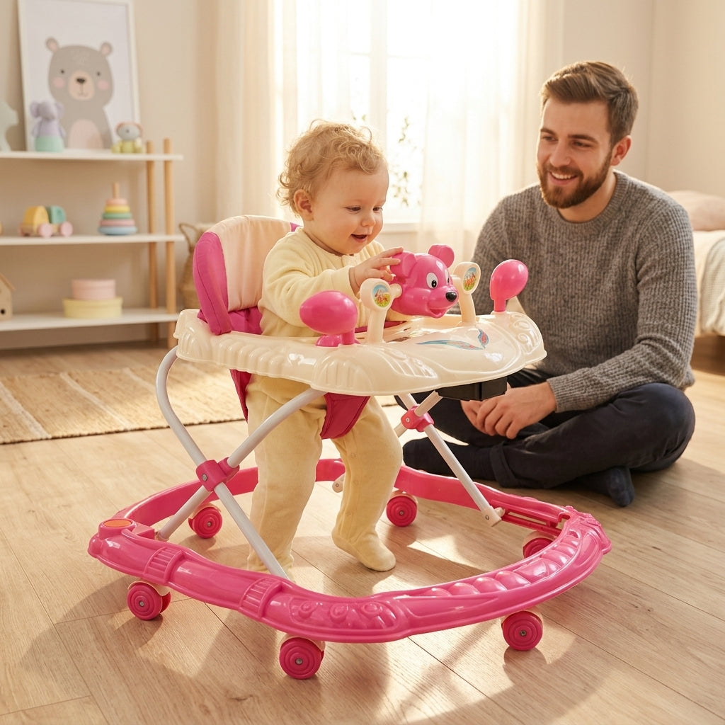 Dubak za bebe roze sa tendom u dečijoj sobi dok beba istražuje igračke na tabli