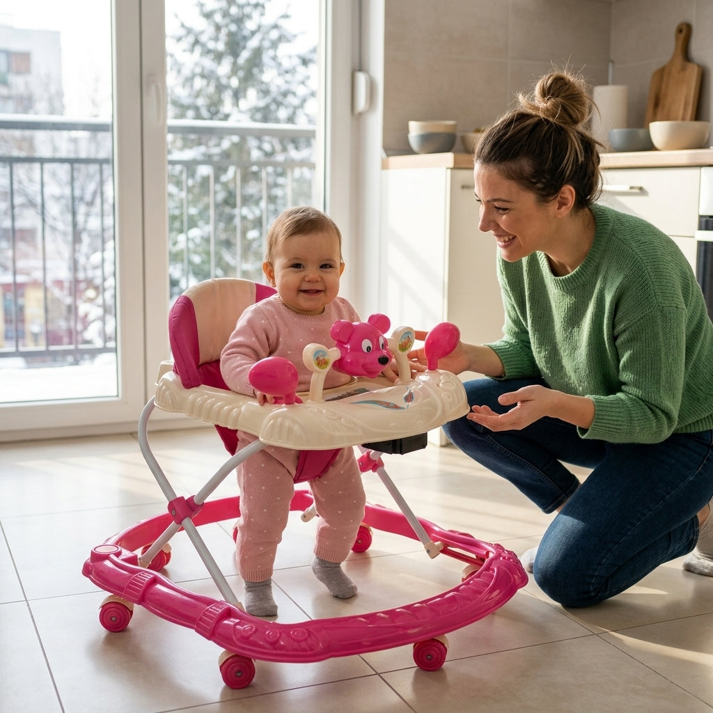 Dubak za bebe roze sa tendom na glatkim pločicama dok mama ohrabruje bebu da hoda