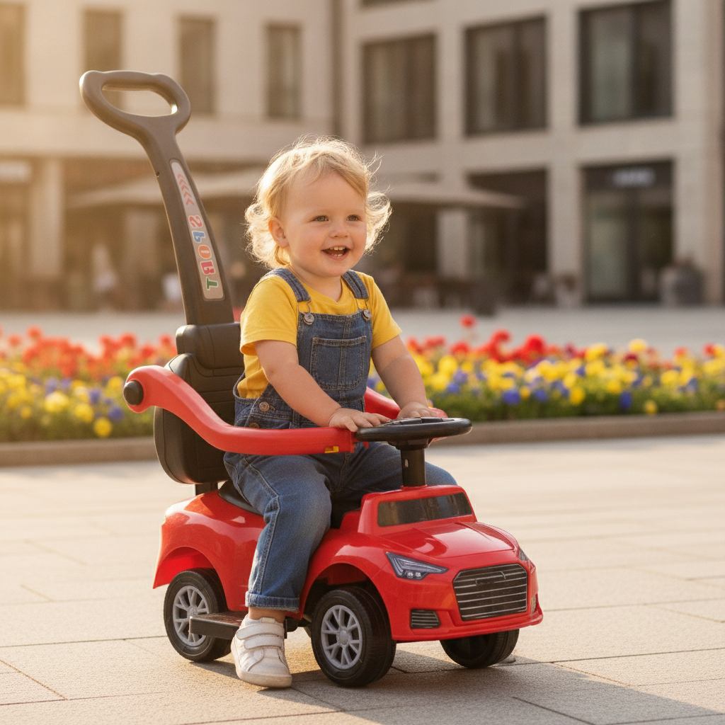 Guralica auto sa ručkom na otvorenom trgu dok dete samostalno vozi